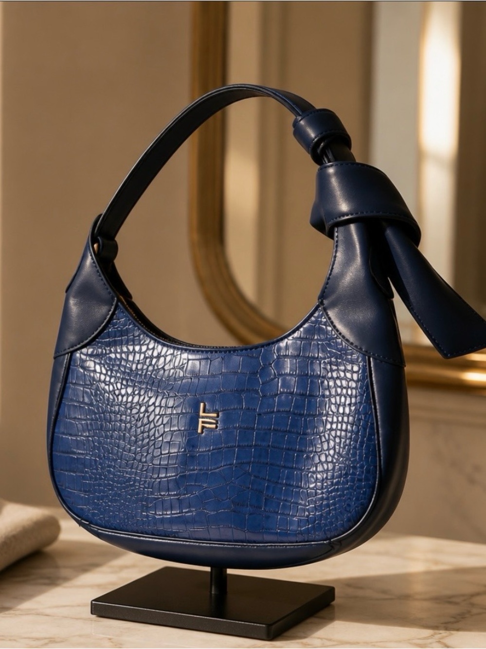 London Fog Blue Croc-Embossed Shoulder Bag with Gold Logo